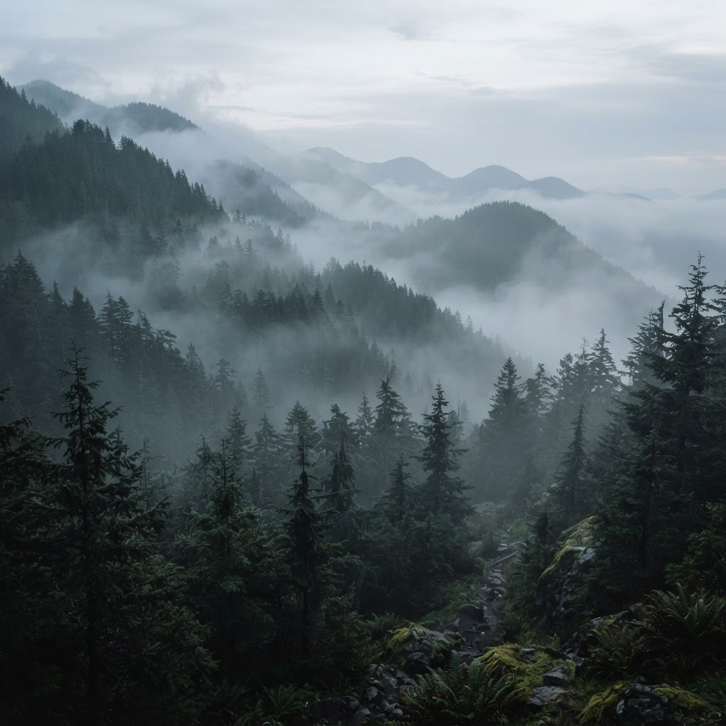 Foggy evergreen forest layered across a mountainside at dawn
