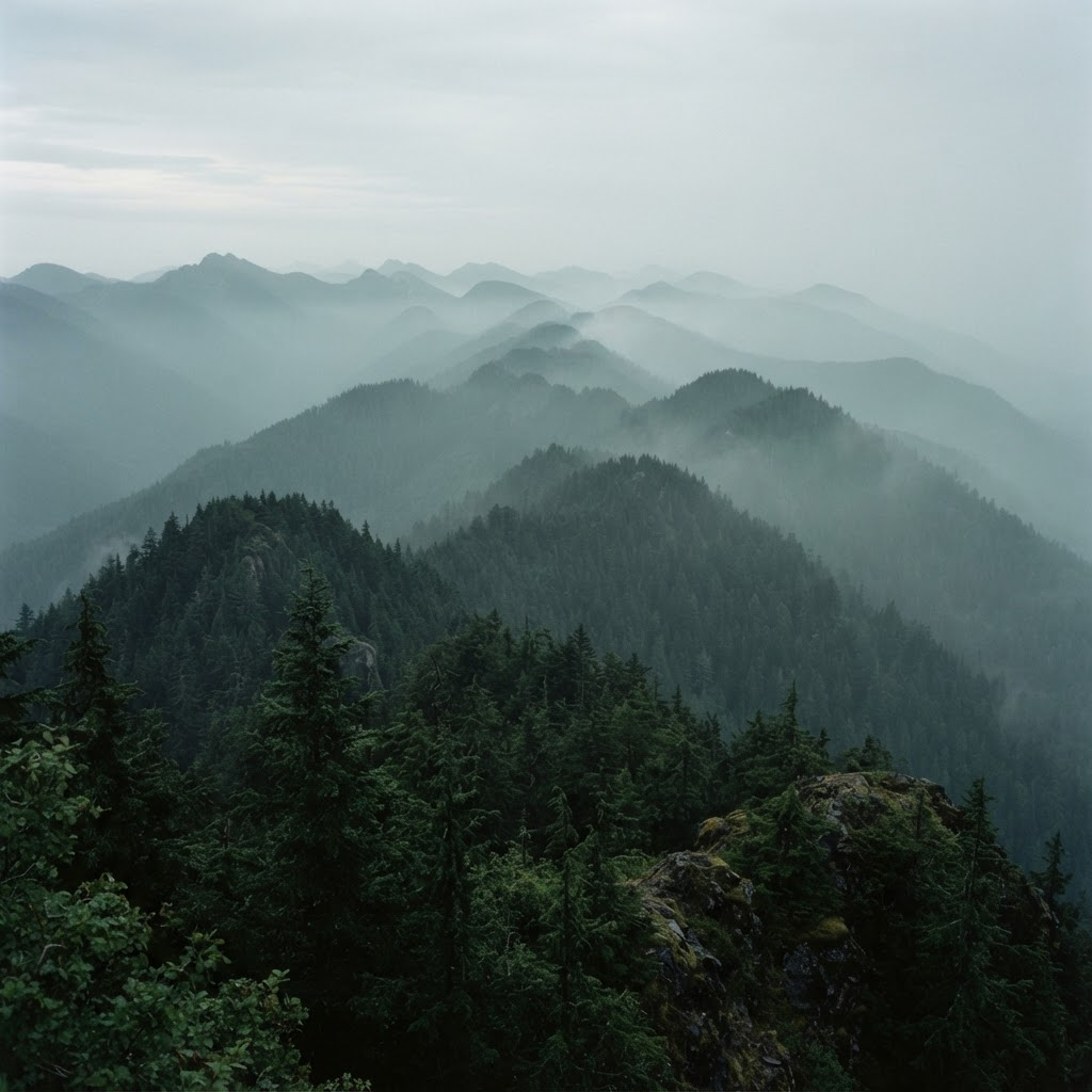 Tree-covered mountains fading into soft morning fog