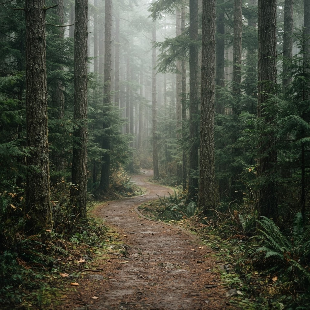 A calm, misty path winding through an evergreen forest